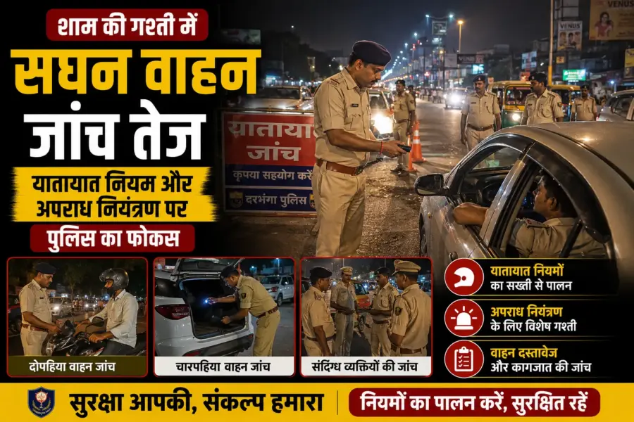 Darbhanga News: शाम की गश्ती में सघन वाहन जांच तेज, यातायात नियम और अपराध नियंत्रण पर पुलिस का फोकस