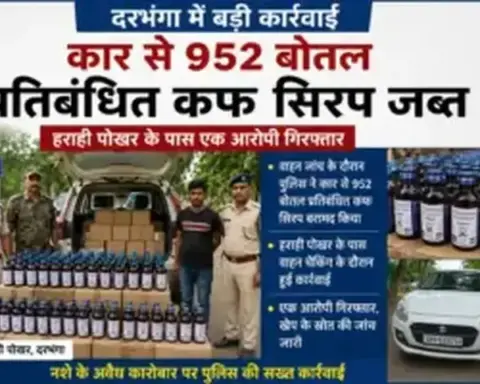 Darbhanga News: दरभंगा में कार से 952 बोतल प्रतिबंधित कफ सिरप जब्त, हराही पोखर के पास एक आरोपी गिरफ्तार